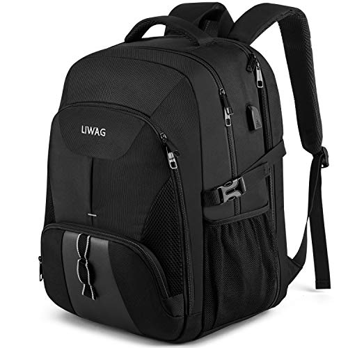 LIWAG Mochila Hombre Grande 50L Mochila Portatil 17 Pulgadas Impermeable Antirrobo Mochila Ordenador Portatil con Puerto USB Bolsa para Negocio Trabajo Diario Viaje Escolares - Negro