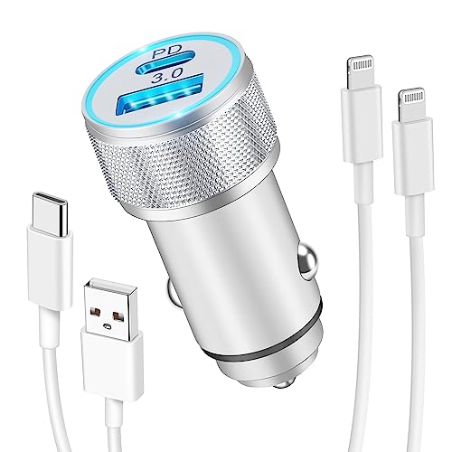 LUOSIKE Cargador Coche Carga Rápida y Cables para iPhone, Cargador Mechero 2 Puertos 38W y 2X Cables Lightning 1m, Adaptador USB C con PD/QC, Compatible con iPhone 14/13/12/11/Pro/Max/Plus/mini/SE