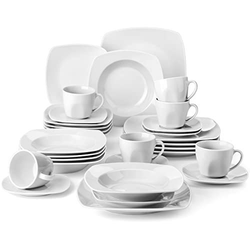 MALACASA, Serie Julia, 30 Piezas Juegos de Vajillas de Porcelana con 6 Tazas de café, 6 Platillos, 6 Platos de Postre, 6 Platos Hondos y 6 Platos Planos Vajillas para 6 Personas