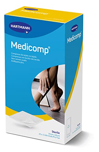 MEDICOMP, Gasas Estériles 10x20, Compresas de Tejido no Tejido, Vendaje Extrasuaves y Absorbente, Vendas para el Tratamiento de Heridas o Procedimientos Ambulatorios, 25 x 2 Unidades, Color Blanco