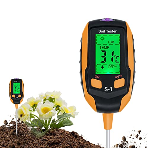 Medidor de Humedad Suelo 4 en 1, Termómetro Digital para Plantas/Humedad del Suelo/Medidor de pH/Intensidad de la luz Solar/Medidor de Suelo con Pantalla LCD para Jardinería, Agricultura y Exterior