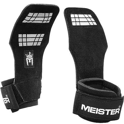 Meister Elite Leather Weight Lifting Grips w/Gel Padding (Pair) X-Large Puños de Levantamiento de Pesas, Unisex Adulto, Negro, L-XL