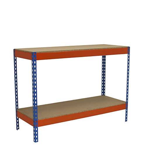 Mesa de trabajo 2 estantes Simonwork BASIC 2 estantes Azul/Naranja/Madera Simonrack 900x2100x750 mms - mesa de trabajo - mesa básica 400 Kgs de capacidad por estante