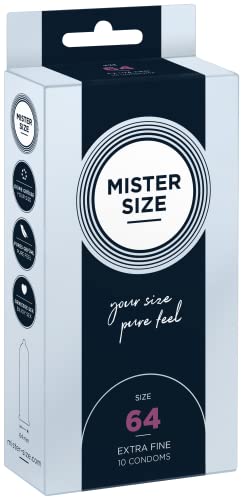 Mister Size - Pura Sensación: Paquete de 10 Preservativos Ultrasensibles (Preservativos Finos con Lubricante Sexual) de Látex Natural y Talla Individualizada - Talla: 64mm