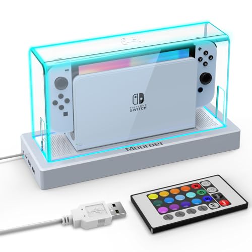 Mooroer Cubierta para Nintendo Switch/Switch OLED de Dock Funda Protectora / Accesorios Acrílico Carcasa con 16 Colores de Luz LED Antipolvo y Antiarañazos