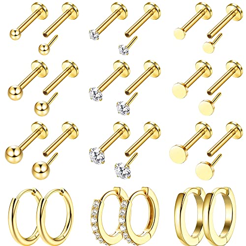 Morfetto 12 Pares de Pendientes de Aro Pequeños Chapados en Oro de 18 QUILATES Juegos de Pendientes de Acero Inoxidable para Múltiples Piercings Pequeños Pendientes de Espalda Plana Sin Rosca G-1