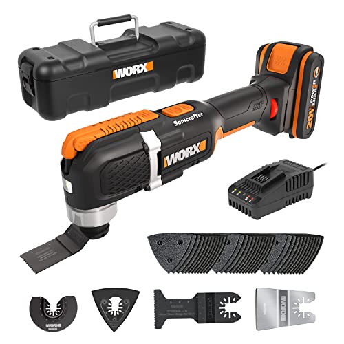 Multiherramienta Sonicrafter 20V Máx. Worx | PowerShare | WX 696 | Incluye 1 batería 2 Ah con indicador, cargador y maletín | Sistema de anclaje de accesorios Universal | Velocidad variable | luz LED