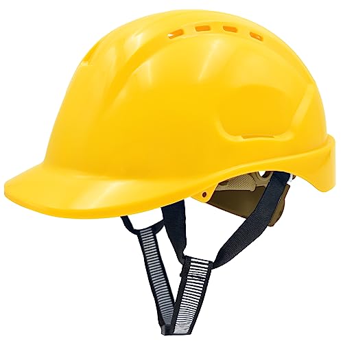 Mustbau Casco Seguridad EN397, Casco Obra Construcción con Correa de 6 Puntos, Diadema Ajustable de 52 a 66cm Casco Transpirable para Hombres, Mujeres - Amarillo