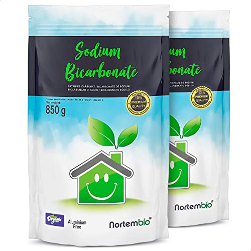 Nortembio Bicarbonato de Sodio Ecológico 2x850 g. Origen 100% Natural. Bicarbonato Sódico Sin Aluminio. Quitamanchas, Desodorizador y Blanqueante. Bicarbonato para Limpieza con e-Book Incluido.