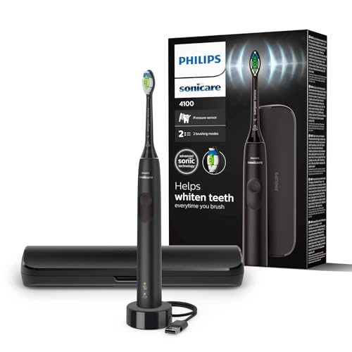 Philips Sonicare 4100 Cepillo dental eléctrico, para adultos, con 1 cabezal de cepillado sónico Philips W2 Optimal White en negro, estuche de viaje compacto y cargador USB, modelo HX3683/54