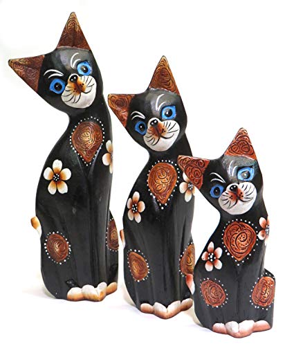 Purity Style Juego de 3 gatos de madera tallados a mano de 26 cm, 19 cm y 14 cm de alto