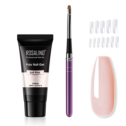 ROSALIND Rosa Gel de Extensión de Uñas, 60ml Poly Nail Extension Gel Kit Uñas de Gel Esmaltes Semipermanentes de Uñas Gel con Cepillo y Moldes de Uñas para Principiantes y Profesionales