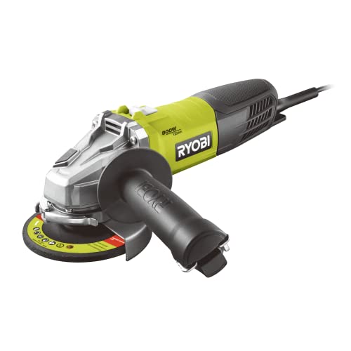 RYOBI - Amoladora Angular con Cable 800W 125mm - 12 000 rpm - Entregada con 1 Disco de Desbarbar el Metal Ø 125 mm y 1 Mango Lateral 2 Posiciones - Protección Anti-Arranque - RAG800-125G