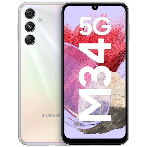 Samsung Galaxy M34 5G (prisma plateado, 6 GB, 128 GB), pantalla sAMOLED de 120 Hz, cámara triple sin vibración de 50 MP, batería de 6000 mAh, actualización del sistema operativo 4 Gen y actualización