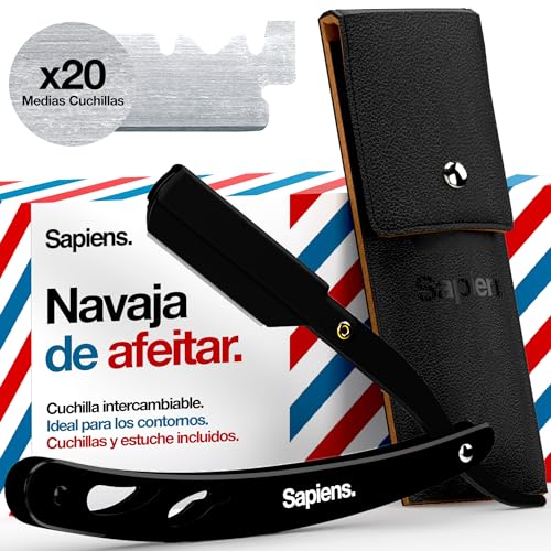 Sapiens Barbershop Navaja Afeitar - Cuchilla Afeitar Hombre para Barba con 10 Hojas de Afeitar Derby (20 Hojas Simples) y Funda Protectora - Navaja de Afeitar Barbero Clasica