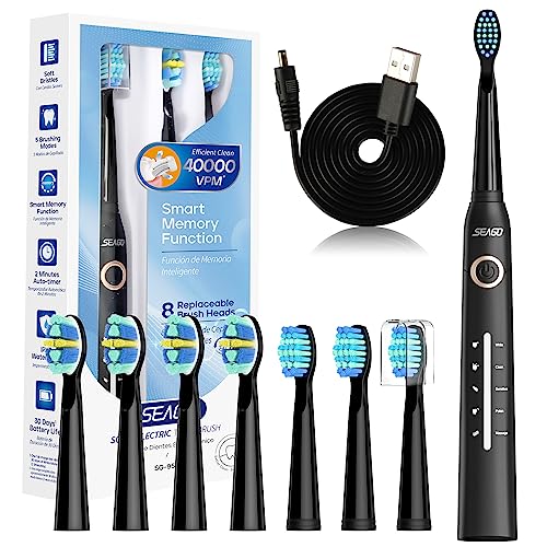 Seago cepillo de dientes eléctrico sónico, cepillo electrico con 8 cabezas, carga USB, cepillo de dientes eléctrico ultrasónicos 5 modos y temporizador, IPX7 Impermeable, para viaja (negro)