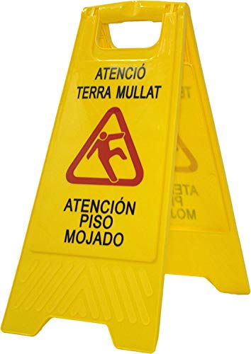 Señal Aviso profesional "Atenció terra mullat - Atención suelo mojado". En Català y Español. Alta visibilidad para evitar accidentes