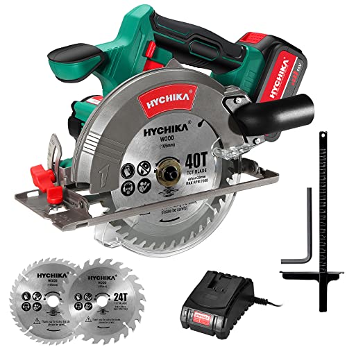 Sierra Circular a Batería 18V, HYCHIKA 4000RPM, 4.0Ah Batería 18V, Profundidad de corte 53 mm (90°) y 36mm (45°), 2Hojas (40T & 24T), Motor de Cobre Puro, Ideal para Azulejos, Metal Blandoy Madera