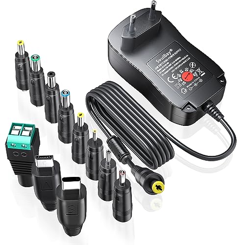 SoulBay 48W Fuente de alimentación Universal de 5V, 6V, 7,5V, 9V, 12V, 15V, 19V, Cargador Adaptador de CA a CC con 11 Puntas de CC, Incluye Enchufe USB de 5V, 1A, 4000mA máx.