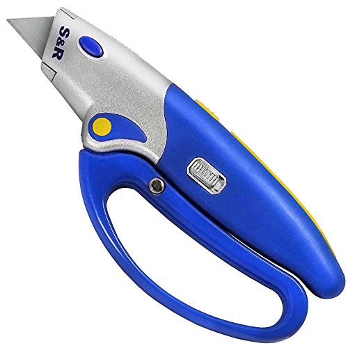 S&R Cúter profesional automático 175mm Cuchillo alafombra con 5 hojas, botón de cambio rapido, protección de la mano.