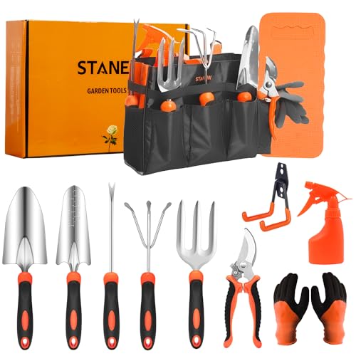 Stanew Soporte de herramientas de jardinería, juego de herramientas de jardín herramienta de mano inoxidable para exteriores, 13 piezas con bolsa de almacenamiento