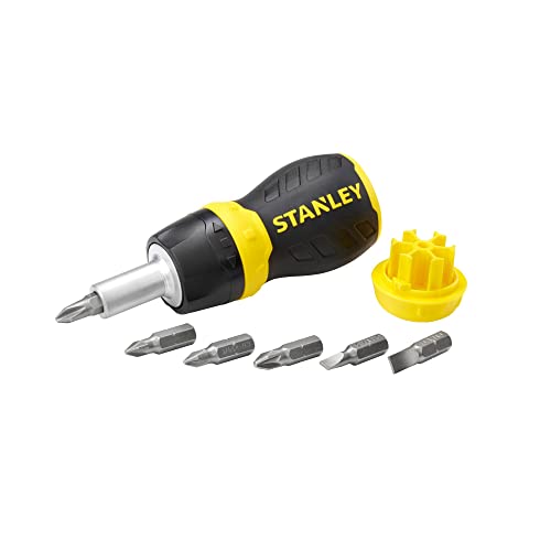 STANLEY 0-66-358, Destornillador con carraca bimaterial porta-puntas + 6 puntas, Cabeza magnética , Depósito en el mango, Mecanismo de carraca, Ligero y resistente