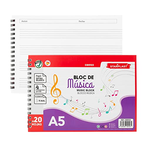 Starplast BLOC DE MUSICA A5 Bloc de música A5, 20 Hojas, 4 pentagramas, 2mm separación, para uso escolar o colegio.