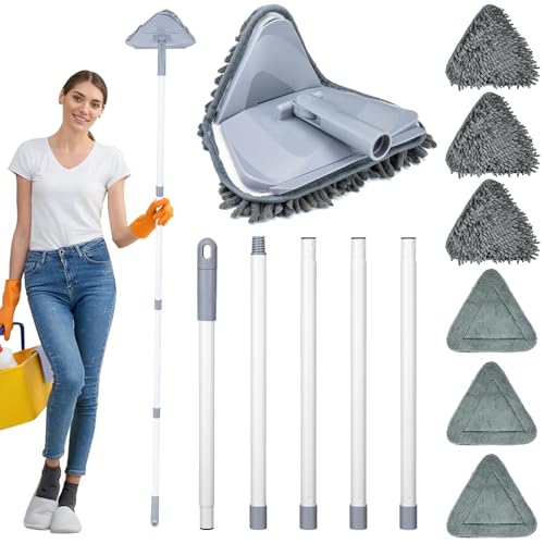 TAOPE Mopa para Limpiar Azulejos y Paredes, Limpiador de Techos con Mango Largo de 200 CM, Fregona Limpieza Plegable con 6 pcs Microfibra Chenilla, Gris Trapeador de Triangular para Ventana