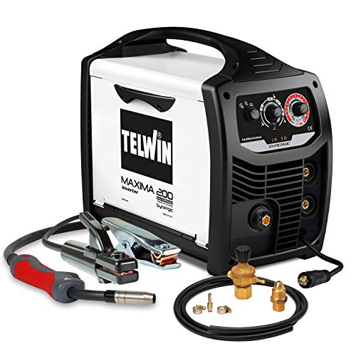 Telwin 816127 Soldadora inverter multiproceso, Máxima 200 con accesorios de soldadura Flux/MMA/Mig-Mag