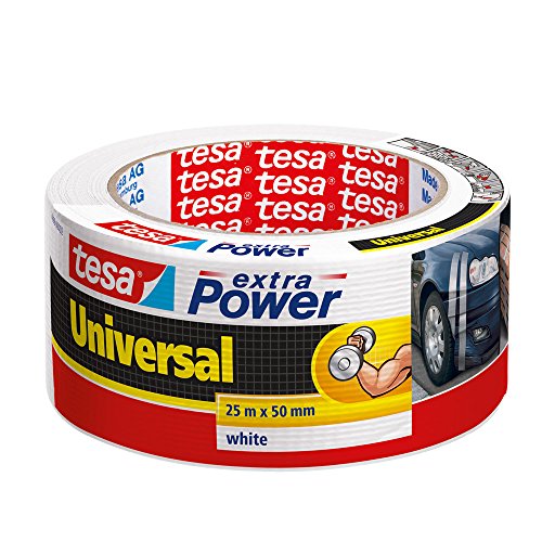 tesa Extra Power Universal , Cinta Adhesiva Americana Reforzada para Reparar, Fijar, Agrupar, Reforzar o Sellar , Blanca , 25 m x 50 mm