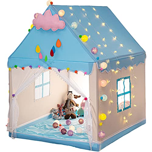 Tienda de campaña para niñas con cadena de luces estrelladas y 4 ventanas, tienda de campaña para teatro, tienda de campaña para niños para leer y relajarse, 121 x 105 x 136 cm (azul)