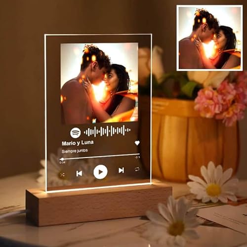 Transparent Gift Placa Spotify Personalizada con Foto. Diseño con Código escaneable de Canción. Regalo de Cumpleaños Original, Regalos Pareja, Aniversario, San Valentín. Con Marco o Base con Luz