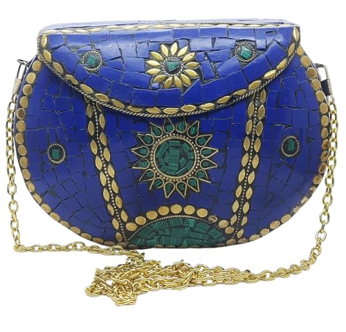 Trend Overseas Bolso de mano de metal de piedra para mujer, bolso de mano de matrimonio, bolso de metal de mosaico antiguo étnico bolso indio, Multicolor, M