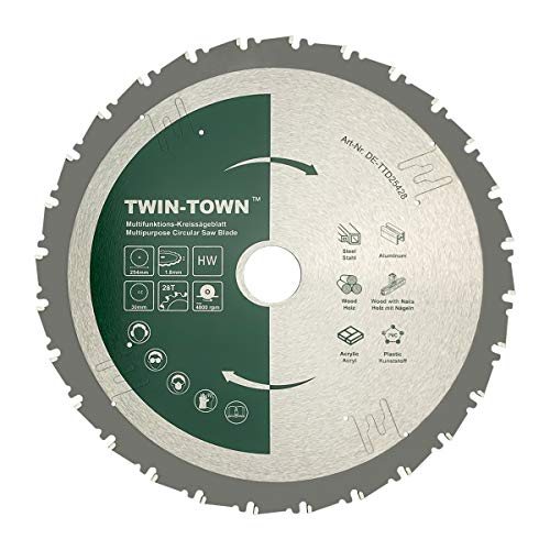 TWIN-TOWN HM - Hoja de sierra circular TCT multifunción (254 x 30 mm, 28 dientes, hoja versátil de carburo de tungsteno, ideal para madera, madera con clavos, acero, aluminio, acrílico