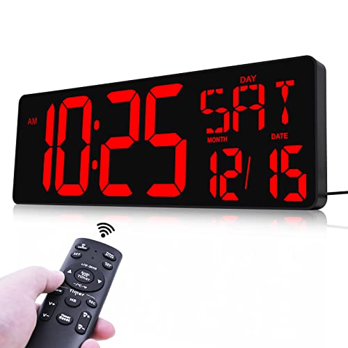 TXL Reloj de pared digital con pantalla grande, reloj de pared LED de 16.5 pulgadas con fecha y temperatura, reloj temporizador de cuenta arribaabajo con control remoto, reloj despertador de brillo
