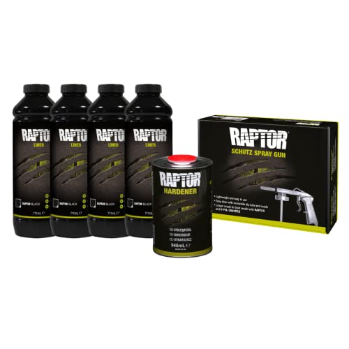 U-POL Raptor Pintura Protectora, Kit de 4 Botellas 3,79 litros (Incluido el endurecedor), Negro con una Pistola de Aplicación Estándar