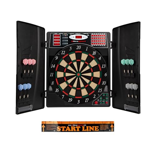 UItrasport Diana electrónica con puertas, diana clásica para 16 jugadores, juego de dardos con pantalla LED, 38 juegos y muchas variantes / diana con 12 dardos suaves y puertas