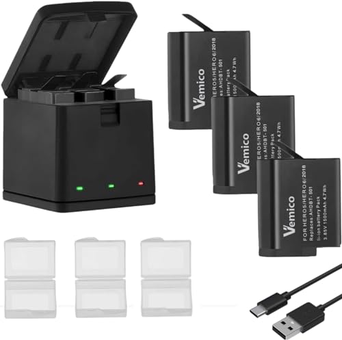 Vemico Hero 7/6/5 Batería Cargador Kit 3 Pack 1500mAh Baterías de Recambio Tipo C LED 3-Canales Cargador para GoPro Hero 7 Black/Hero 6/Hero 5 Black/Gopro 2018/AHDBT-501 (Compatible con el Original)