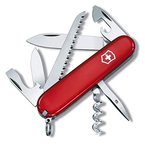 Victorinox Camper, Navaja suiza multiusos con 13 funciones, incluyendo sierra para madera y sacacorchos, de color rojo con blíster