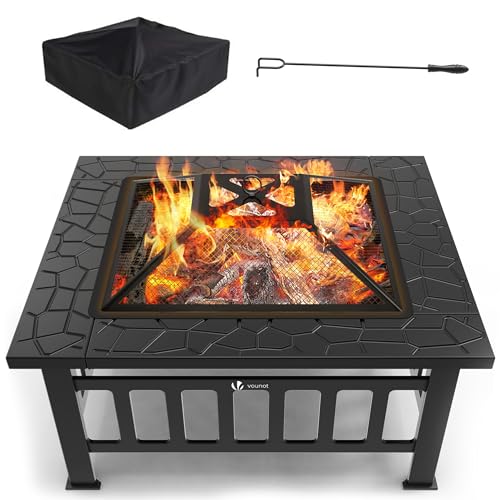 VOUNOT Brasero Exterior para Jardín y Terraza, 3 en 1 Metal Fire Pit, Pozo de Fuego con Protector de Chispas, 81 x 81 x 45 cm Negro