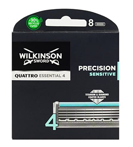 Wilkinson Sword Quattro Titanium Sensitive - 8 Recambios de Cuchillas de Afeitar de 4 Hojas de Titanio con Banda Lubricante de Aloe Vera