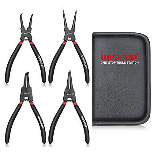 WISEUP 4PCS Juego de Alicates para Anillos Elásticos, 170 mm alicates circlip internos y externos rectos curvados, alicates de punta resistentes a la corrosión, con bolsas de almacenamiento