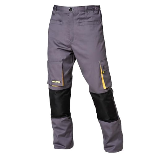 WOLFPACK LINEA PROFESIONAL - Pantalones Largos DeTrabajo, Multibolsillos, Resistentes, Rodilla Reforzada, Gris/Amarillo Talla 50/52 XL