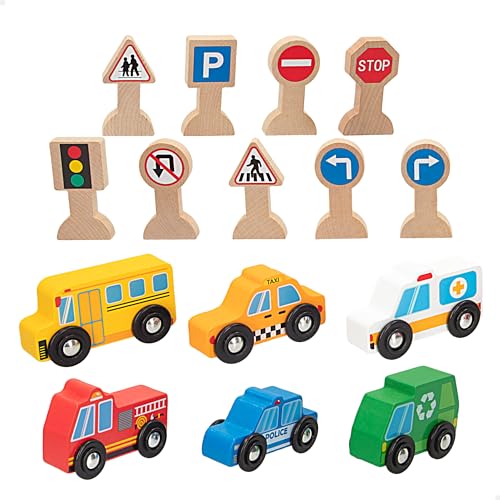 WOOMAX - Set 6 vehículos y 9 señales de tráfico, Juego simbólico, Juguetes de madera FSC, Coches juguete, Servicio ciudadano para niños y niñas, Recomendado a partir de 18 meses (47214)