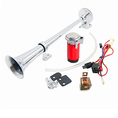 YIYIDA Bocina de Coche Car Horn Bocina de Aire 150DB Air Horn Bocina 45cm Cromado Zinc Trompeta única Bocina roja con Bomba de Aire Compresor Bocina de camión para 24V Camión Coche Tren Barco ect