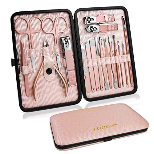 ZIZZON Set de manicure 18 en 1, Set de pedicura profesional, Tijeras de uñas, Kit de aseo con estuche de viaje de cuero Rosa