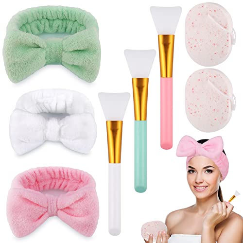 Zocipro Diadema Maquillaje Mujer, 3Pcs Spa Diadema Elásticas con 3 Cepillo de Mascarilla de Silicona y 2 Esponjas Faciales, Suave Bowknot Banda de Pelo para Maquillaje, Bañarse, Yoga